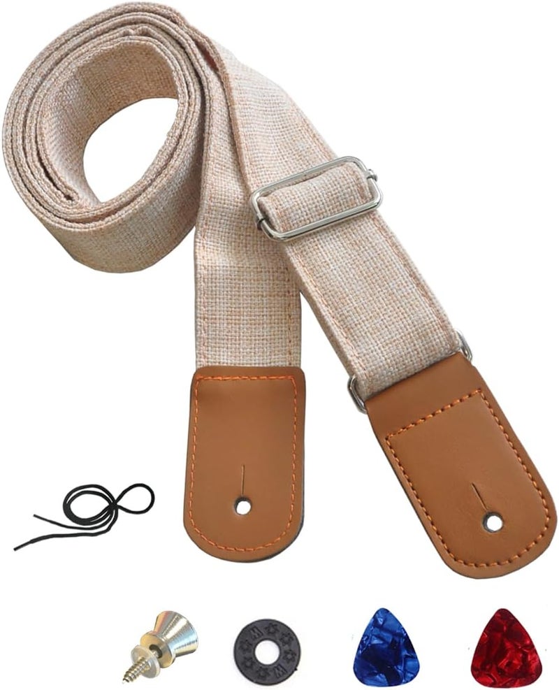 Farcaya Ukulele Strap for Soprano Concert Tenor Baritone Uke Mandolins Banjos Cotton Soft Cotton Linen Style with Picks Locks Buttons End Pins Musical Instrument Accerssories (Beige) - Image 1